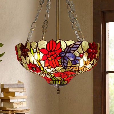 Bowl Semi Flush Light Fixture Tiffany Stained Glass 3 Heads Red Ceiling Light for Living Room