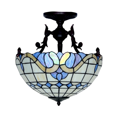 Bowl Semi Mount Lighting 3 Lights Beige/Light Blue Cut Glass Tiffany Stylish Ceiling Light Fixture