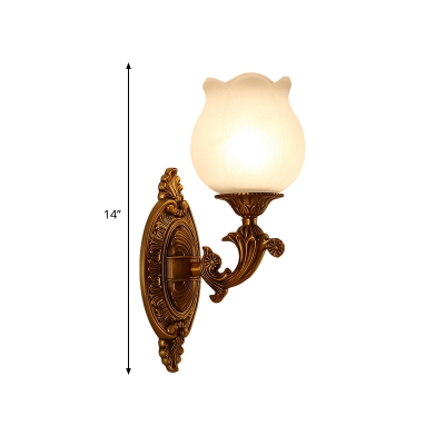 Brass Carved Wall Lamp Vintage Stylish Metallic 1 Light Bedroom Sconce Lighting with Milky Glass Flower Shade