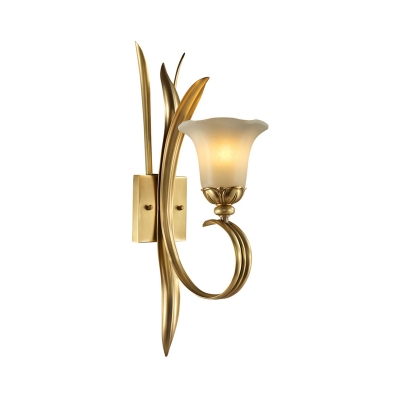 Brass Curved Sconce Lamp Traditional Stylish Metal 1/2-Head Living Room Wall Lighting with Opal Glass Flared Shade