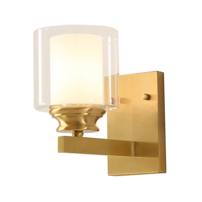 Brass Finish Drum Wall Light Fixture Modern Style Double Glass 1 Bulb Living Room Sconce Lighting