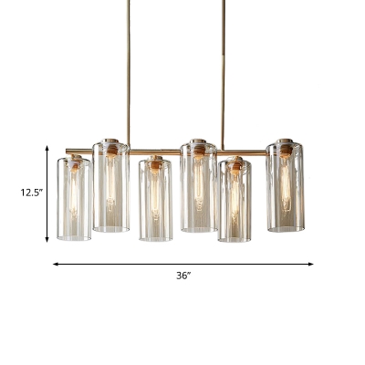 Champagne Cylinder Island Lamp Modernist 6 Heads Clear Glass Hanging Light Fixture for Dining Room