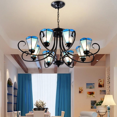 Conical Pendant Chandelier 3/6/8 Heads Handcrafted Art Glass Mediterranean Ceiling Suspension Lamp in Blue, 18