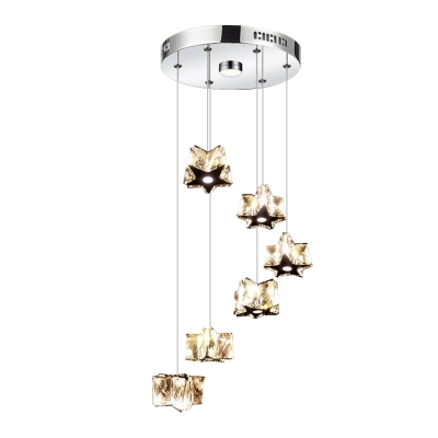 Contemporary LED Cluster Pendant Light Chrome Star Suspended Lighting Fixture with Clear/Amber Crystal Shade in White/Warm Light