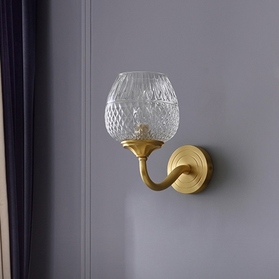 Contemporary Single Wall Sconce Brass Curved Armed Wall Mounted Lamp with Lattice Glass Shade