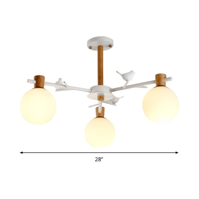 Contemporary Spherical Ceiling Chandelier White Glass 3 Bulbs Bedroom Hanging Light Fixture with Bird