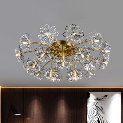 Crystal Beaded Dandelion Ceiling Lamp Postmodern 21 Lights Gold Semi Flush Mount Lighting