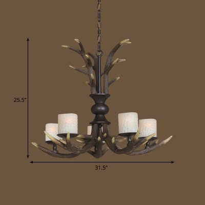 Cylindrical Ceiling Chandelier Rustic Frosted White Glass 3/5 Heads Hanging Light Fixture in Brown