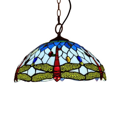 Dragonfly Suspension Pendant Light Tiffany Stained Glass 1 Light Red/Yellow/Blue Hanging Lamp Kit for Kitchen