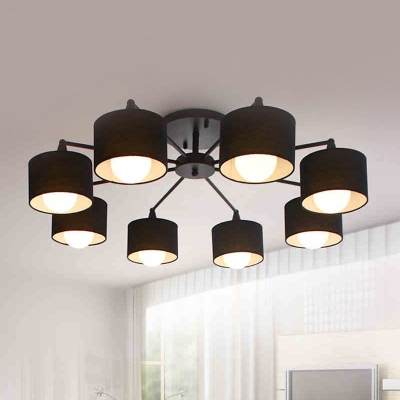 Drum Shaped Semi Flush Mount Fabric 8 Lights Black/White/Flaxen Ceiling Mounted Fixture for Bedroom