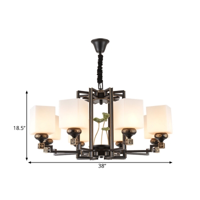 Frosted Glass Black Pendant Chandelier Rectangle 6/8/10 Lights Traditionalist Ceiling Hang Fixture for Bedroom
