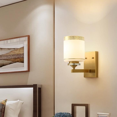 Gold and White Single Wall Light Sconce Traditional Frosted Glass Cylinder Wall Lamp with Swastika Element