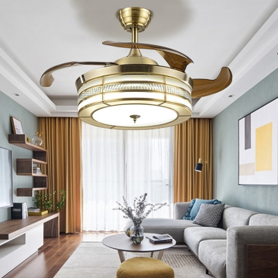LED Round Ceiling Fan Vintage Gold Metal Semi Flush Mount Light for Living Room, Remote/Remote and Wall Control/Frequency Conversion