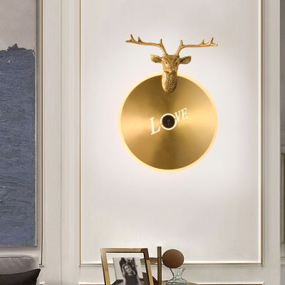 LED Round Wall Lamp Traditionary Metal Sconce Light Fixture in Brass/Black with Elk