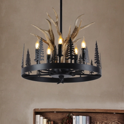 Metal Candle Ceiling Chandelier Farmhouse 5 Heads Hanging Pendant Light in Black