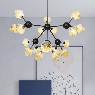 Metal Sputnik Pendant Chandelier Modern 18 Bulbs Black Hanging Light Kit with Amber Glass Shade