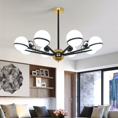 Modern 6/8/10 Bulbs Chandelier Light Black Round Pendant Lighting Fixture with Opal Frosted Glass Shade