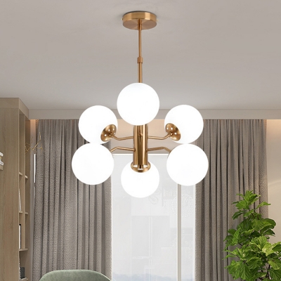Modern 6 Bulbs Ceiling Chandelier Gold Round Hanging Light Kit with White Glass Shade