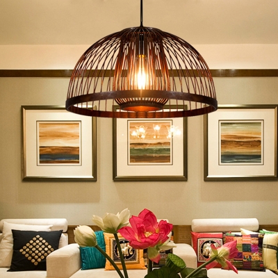 Modern Domed Hanging Lamp Kit Bamboo 1 Light Living Room Pendant Lighting Fixture in Coffee