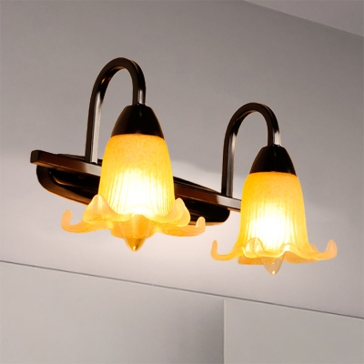 Modern Floral Vanity Light Fixture Amber Glass 2 Heads Kitchen Wall Mounted Lighting with Gooseneck Arm in Black