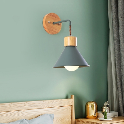 Nordic Style Cone Wall Lighting Metal and Wood 1 Light Bedroom Wall ...