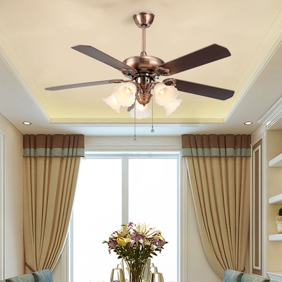 Opaline Glass Oil Rubbed Brass Ceiling Fan Blossom 5 Heads Vintage Semi Flush Light Fixture for Living Room