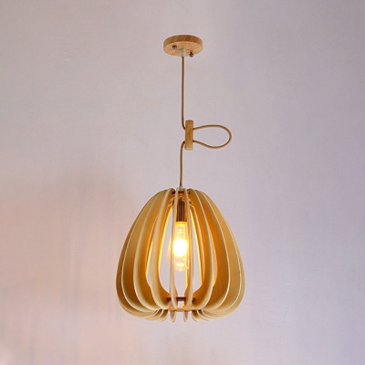 Pear Ceiling Lamp Asian Wood Beige 1 Bulb Suspension Pendant Light for Living Room