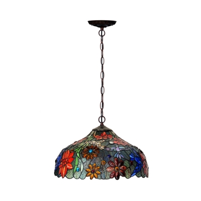 Petal Red/Yellow/Orange Stained Glass Chandelier Lamp Tiffany Stylish 3 Lights Bronze Ceiling Suspension Lamp