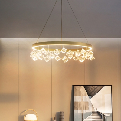 Ring Bedroom Chandelier Pendant Light Cubic Crystal Gold LED Ceiling Light in Warm/White Light