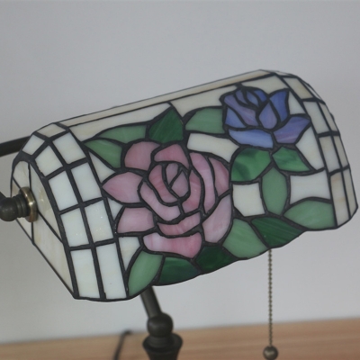 Rose Multicolored Stained Glass Banker Desk Lamp Victorian 1 Head Bronze Desk Light for Bedroom