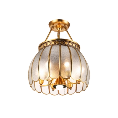 Scalloped Study Room Semi-Flush Mount Light Traditional Frosted Glass 5 Heads Brass Close to Ceiling Lighting Fixture