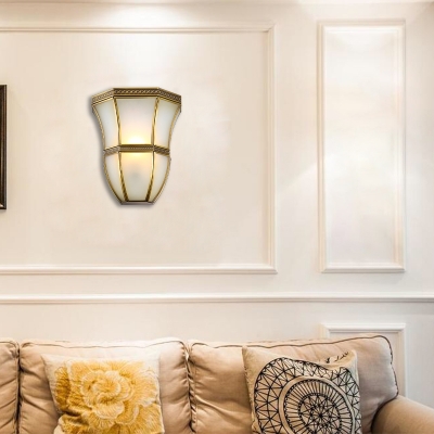 Single Metallic Wall Light Vintage Brass Flared Indoor Wall Lighting Ideas with Opal Glass Shade