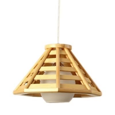 South-East Asia Hat Pendant Lamp Wood 1 Bulb Hanging Ceiling Light in Beige with Inner Ball White Glass Shade