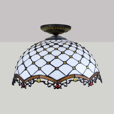 Stained Glass Beaded Ceiling Fixture Tiffany Single Head Bronze Flush Mount Light, 7.5