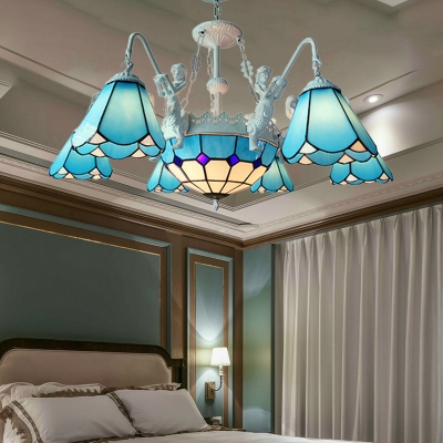 Tiffany-Style Conical Pendant Chandelier 7/9 Heads Hand Rolled Art Glass Hanging Ceiling Light in Yellow/Blue for Living Room