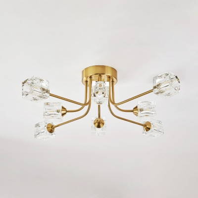 Traditional Curved Arm Semi Flush Light Fixture 8 Heads Dimpled Crystal Ceiling Light in Gold