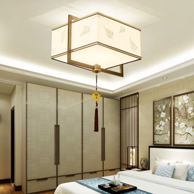 White 5 Heads Flush Mount Lamp Traditional Fabric Square Ceiling Fixture for Bedroom