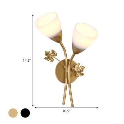 White Glass Wide Flare Sconce Light Modernist 2 Heads Gold/Black Wall Mounted Lighting with Metal Leaf