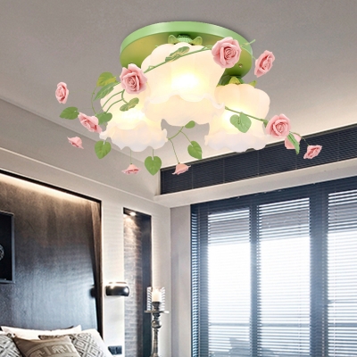 White/Green 3 Lights Flush Mount Country Frosted Glass Blossom Ceiling Mounted Light for Living Room