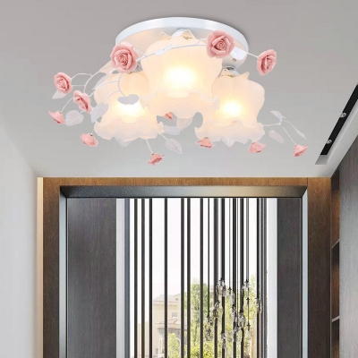 White/Green 3 Lights Flush Mount Country Frosted Glass Blossom Ceiling Mounted Light for Living Room