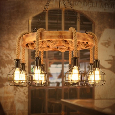 Wood Globe Chandelier Lighting Fixture Farmhouse Metal 6/8 Lights Kitchen Hanging Light