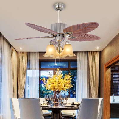 Wooden Leaf-Shaped Ceiling Fan Lighting Retro 3 Bulbs Living Room Semi Flush Mount Light in Silver