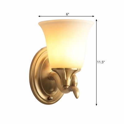 1/2-Bulb Wall Mount Lighting with Bell Shade White Glass Classic Stylish Bedroom Wall Sconce in Brass