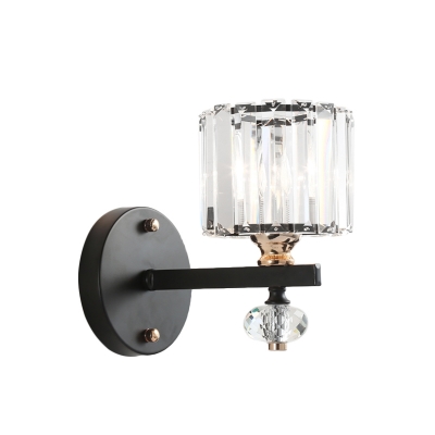 1 Bulb Bedroom Wall Lamp Modern Black Sconce Light Fixture with Drum Fluted Glass Shade