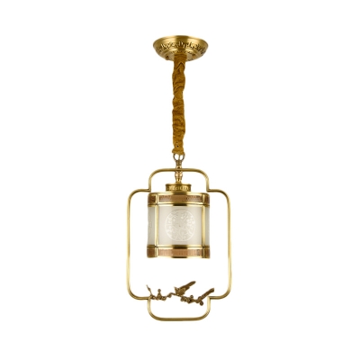 1 Bulb Cylinder Pendant Light Traditional Brass Metal Hanging Lamp with Frosted Glass Shade