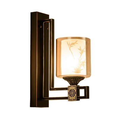 1 Bulb Cylindrical Wall Sconce Chinese Black Metal Wall Light Fixture with Amber Glass Shade for Bedroom