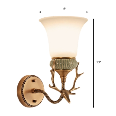 1 Light Bell Wall Mount Light Retro Brass Opal Glass Sconce Lamp Fixture with Antlers Curved Arm