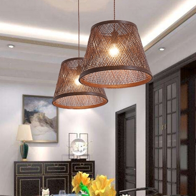 1 Light Indoor Ceiling Pendant Light Contemporary Brown Down Lighting with Conical Rattan Shade