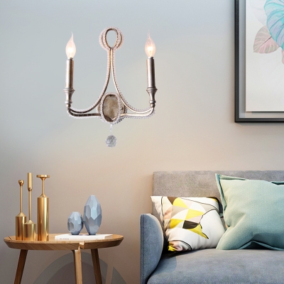 2 Lights Wall Mounted Lamp Minimalist Candelabra Metal Sconce Light in Aged Silver with Crystal Accent