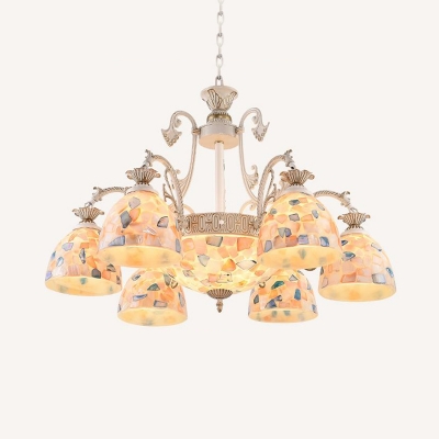 3/5/9 Bulbs Living Room Chandelier White and Gold Hanging Pendant with Dome Hand-Cut Stained Glass Shade